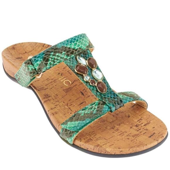 Vionic Viviana Slide Sandals Snake Skin Green Brown Jeweled 8 - Picture 1 of 12
